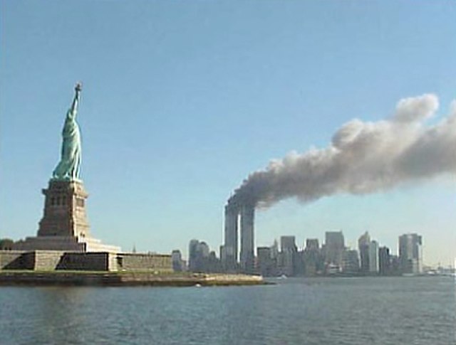 The Manhattan skyline after the first plane flew into the World Trade Center