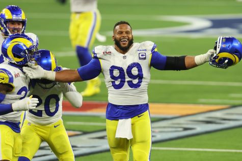 The Rams Aaron Donald celebrates after his teams Super Bowl LVI victory over the Bengals.