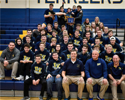 The Del Val Wrestling team gathers to celebrate its NJSIAA North 2 Group I title.