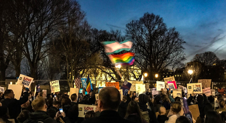 Community leaders, parents, kids, doctors, lawyers, assemble in front of the White House to protest the non-science based policy of segregating LGBTQ children in public schools based on the schools determination of their gender identity.