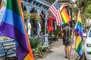 Pride flags seen along Bridge Street in Frenchtown after the anti-LGBTQ+ attacks.