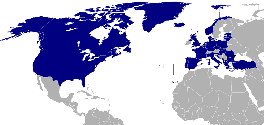 A map depicting all member nations of NATO.