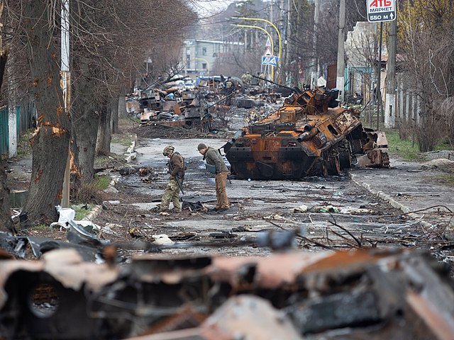 The streets of Bucha were littered with abandoned Russian equipment after Ukraines successful ambush of Russian forces. 