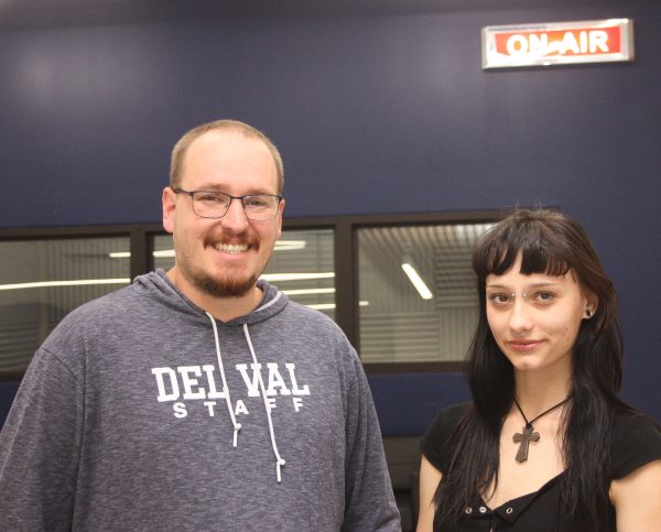 Host Veronica Hart and special guest Brian Smith outside the podcast studio (Photo via Rick Epstein)
