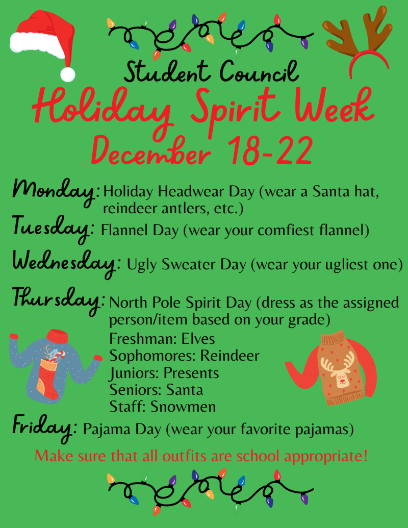 The+Student+Councils+flyer+for+Del+Vals+2023+Holiday+Spirit+Week.