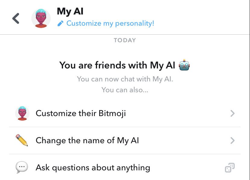 A screenshot of what appears to a user when opening Snapchats Chatbot.