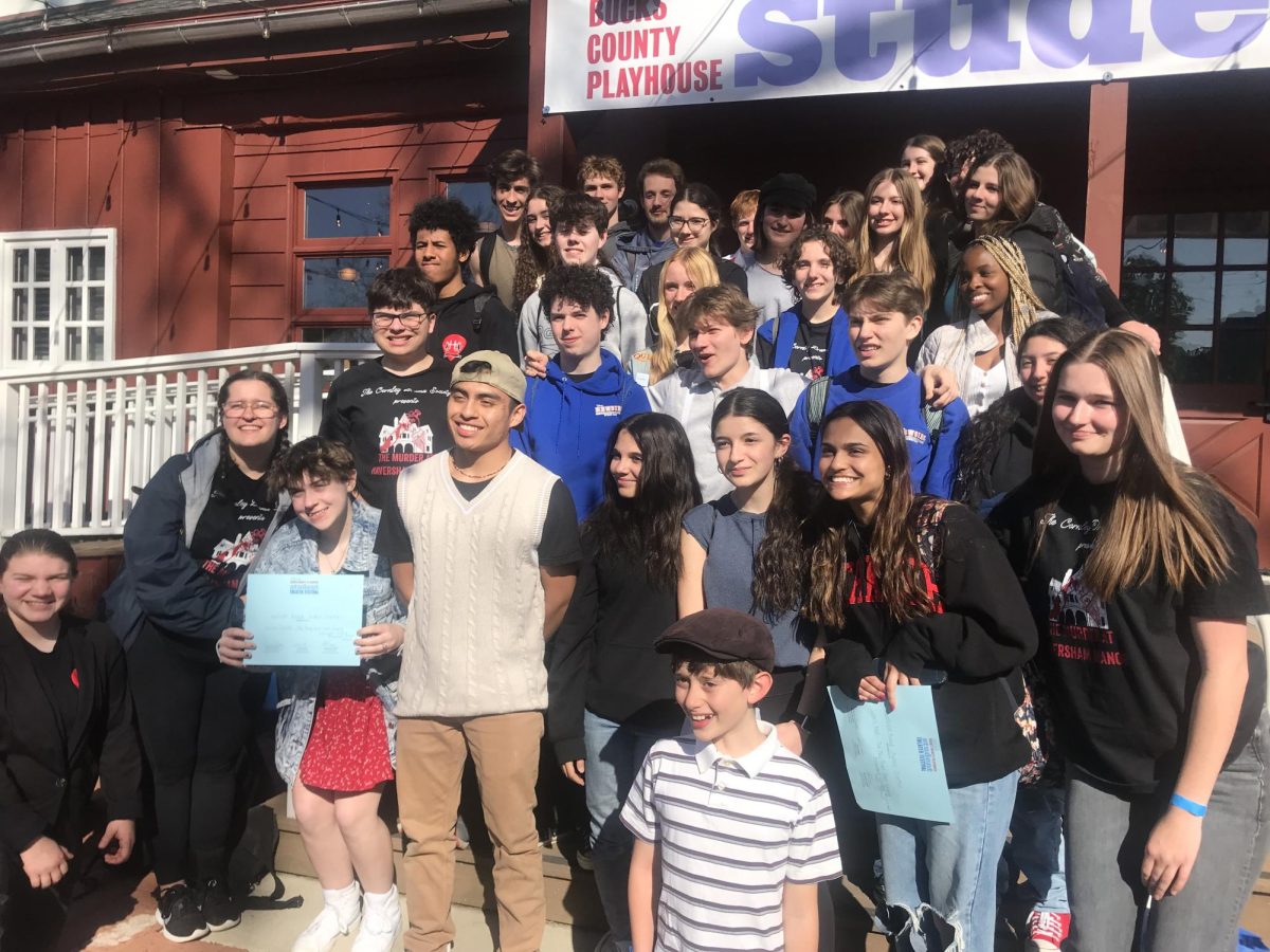 Del Val students gathered in front of Bucks County Playhouse to take a group photo after a successful day. 