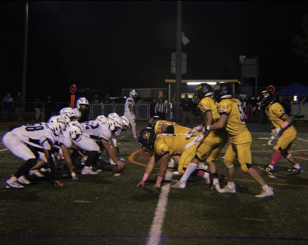 Del Val's football team gets into position for a play against A.L. Johnson. The Terriers lost the game with a close score of 19-21.
