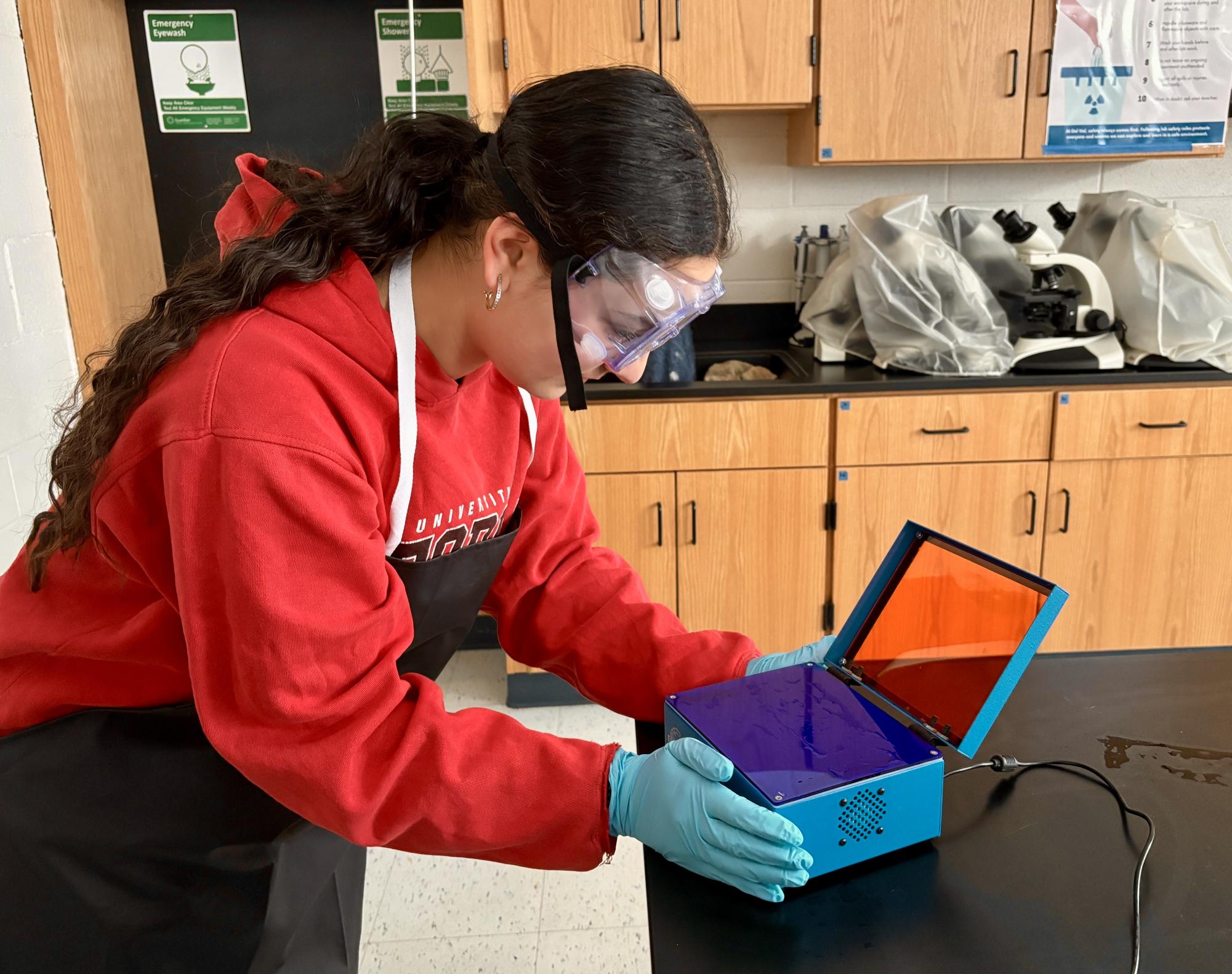 Neha Sethi runs an electrophoresis gel in the biology lab. Sethi’s participation in Del Val’s Biomedical Academy has helped prepare her to make her childhood dream of becoming a dentist a reality.