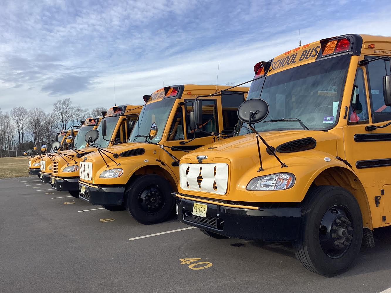 Delaware Valley Regional High School buses lined up for departure. A standard time has now been set in place for buses to leave at 2:30 p.m. every day.