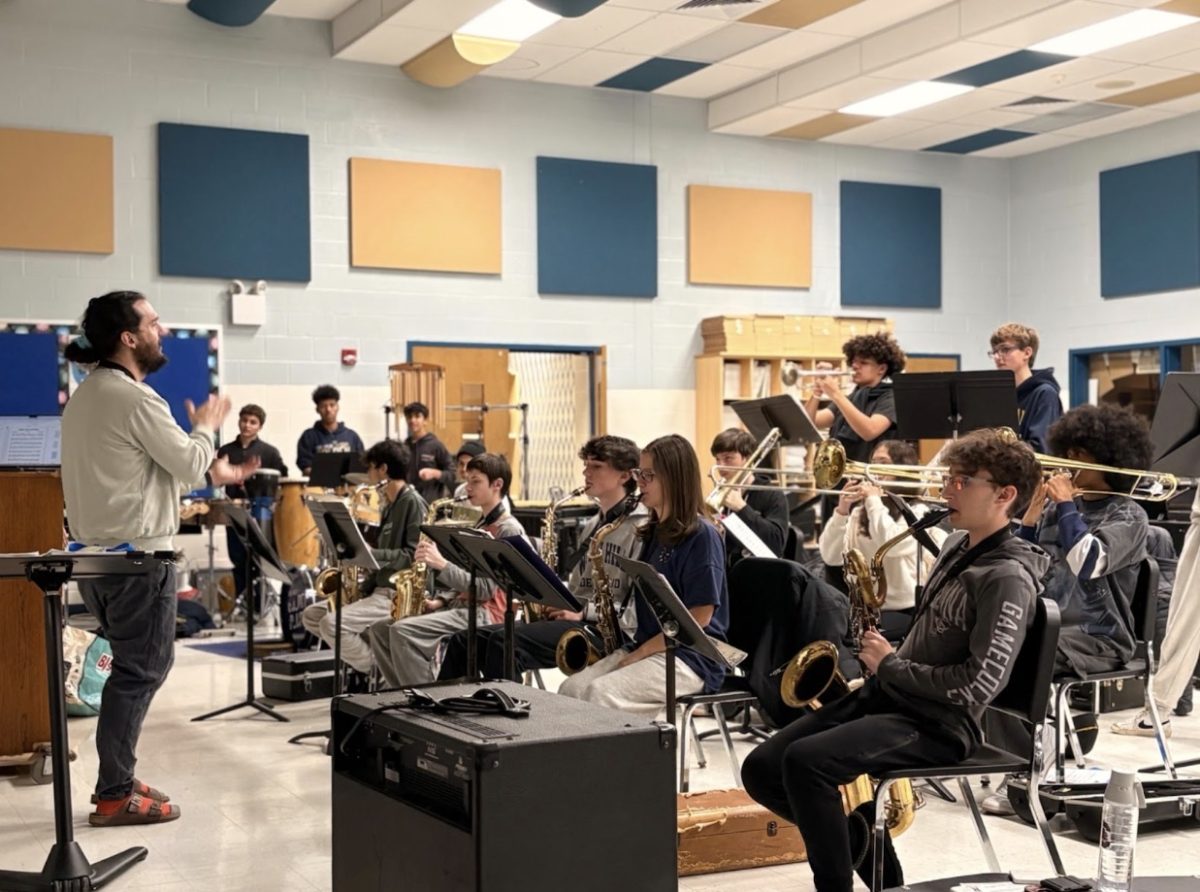 The Golden Blues Jazz Band rehearses for their next performance in Del Val's band room. The group have been practicing their repertoire for the upcoming competition season.