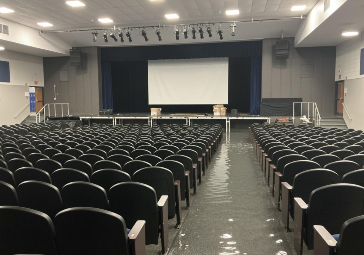 The Del Val auditorium is flooded after malfunctions with the water effects. There was no proper clean-up plan in place prior to the show.