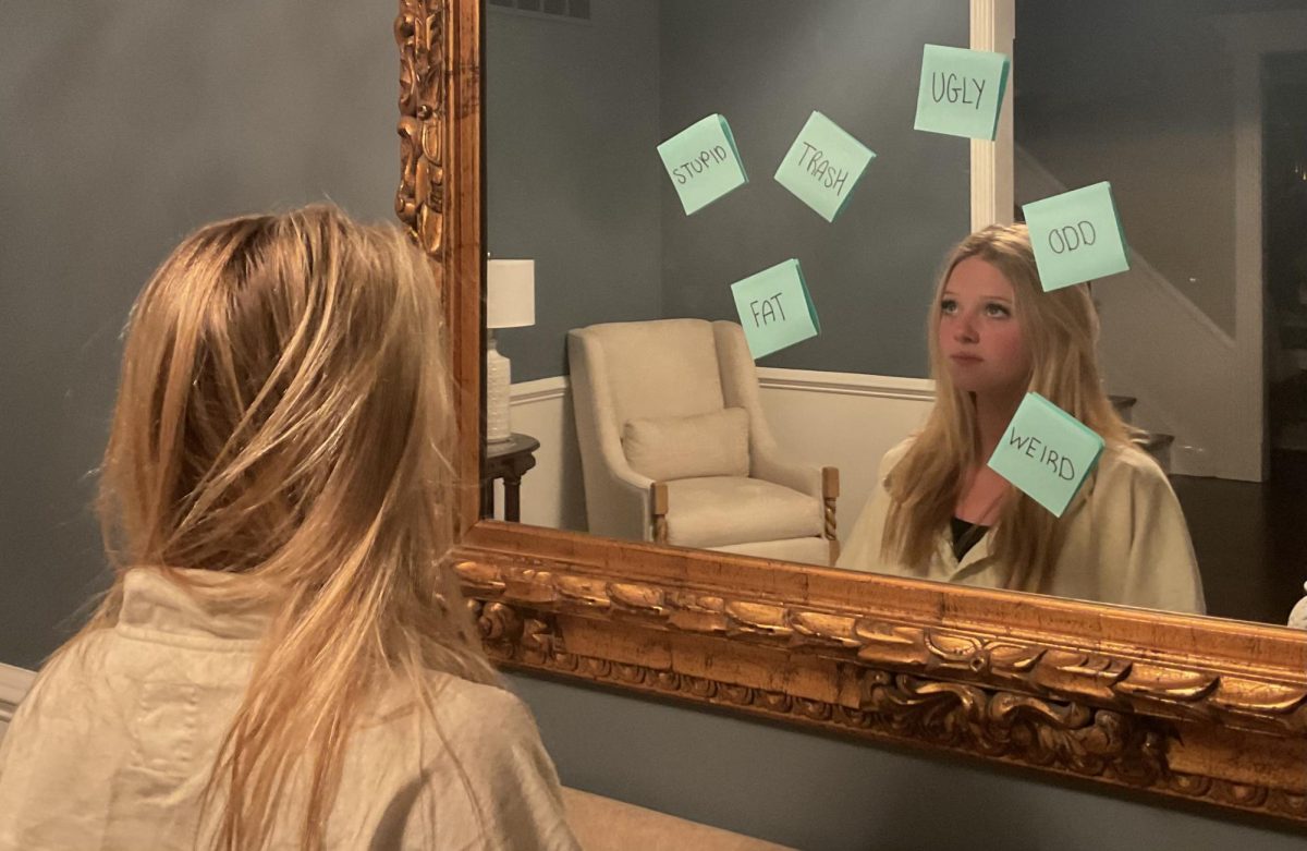 Junior, Sophia Flaccavento, stares into the mirror surrounded by negative reminders. Many high school students struggle with negative inner dialogue. 