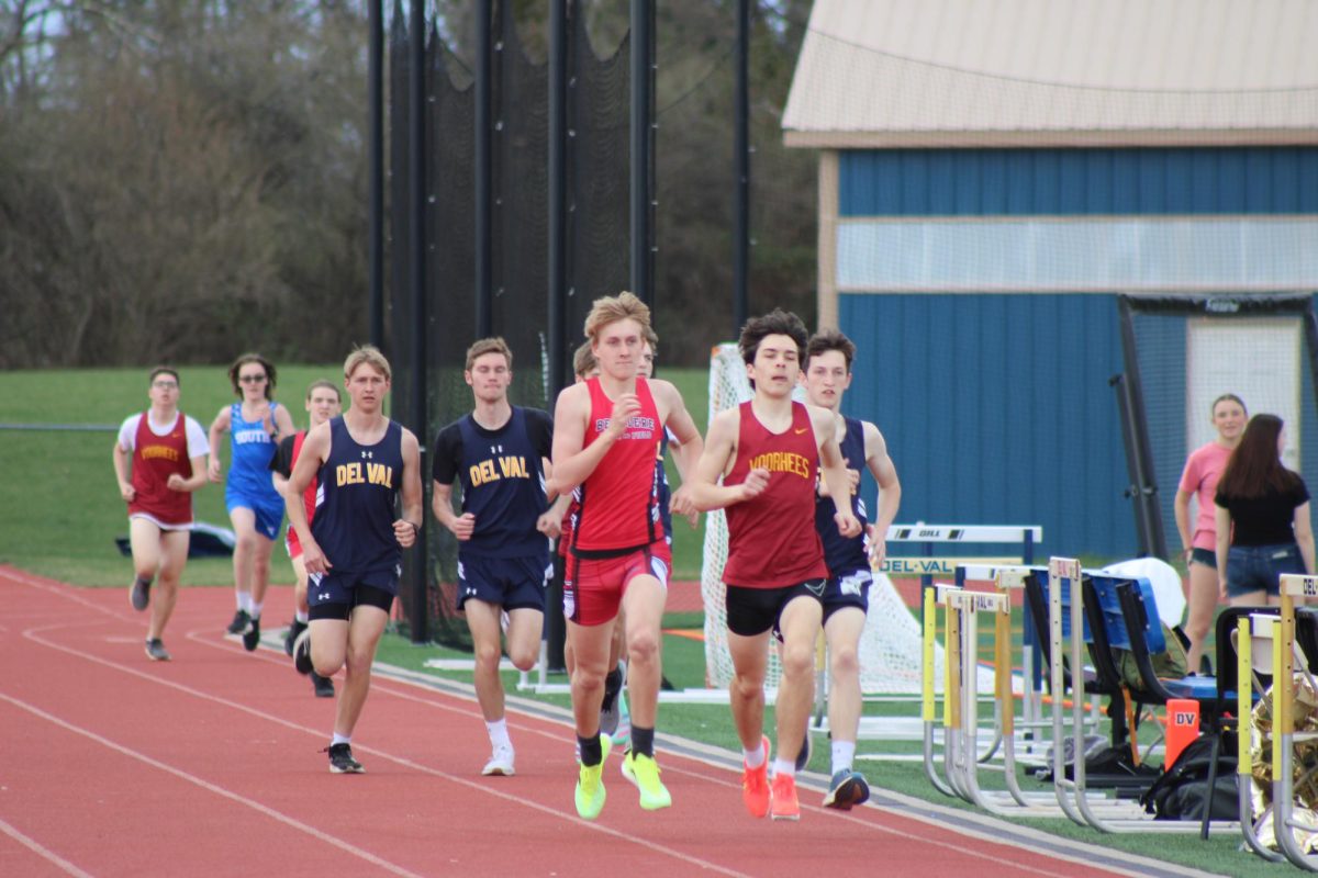 Part of Del Val Boys Track & Field team running against Belvidere, South Hunterdon Regional and Voorhees at the Home Opener Meet, which was also a celebration Senior Night. The Girls and Boys Track & Field team performed well across the different events hosted at the meet on April 1, 2026.