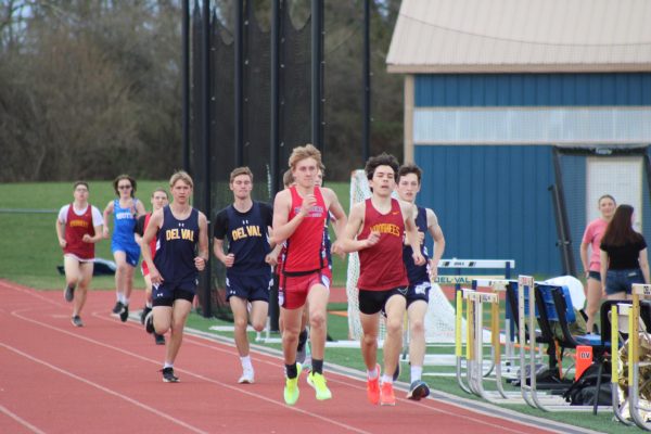 Part of Del Val Boys Track & Field team running against Belvidere, South Hunterdon Regional and Voorhees at the Home Opener Meet, which was also a celebration Senior Night. The Girls and Boys Track & Field team performed well across the different events hosted at the meet on April 1, 2026.