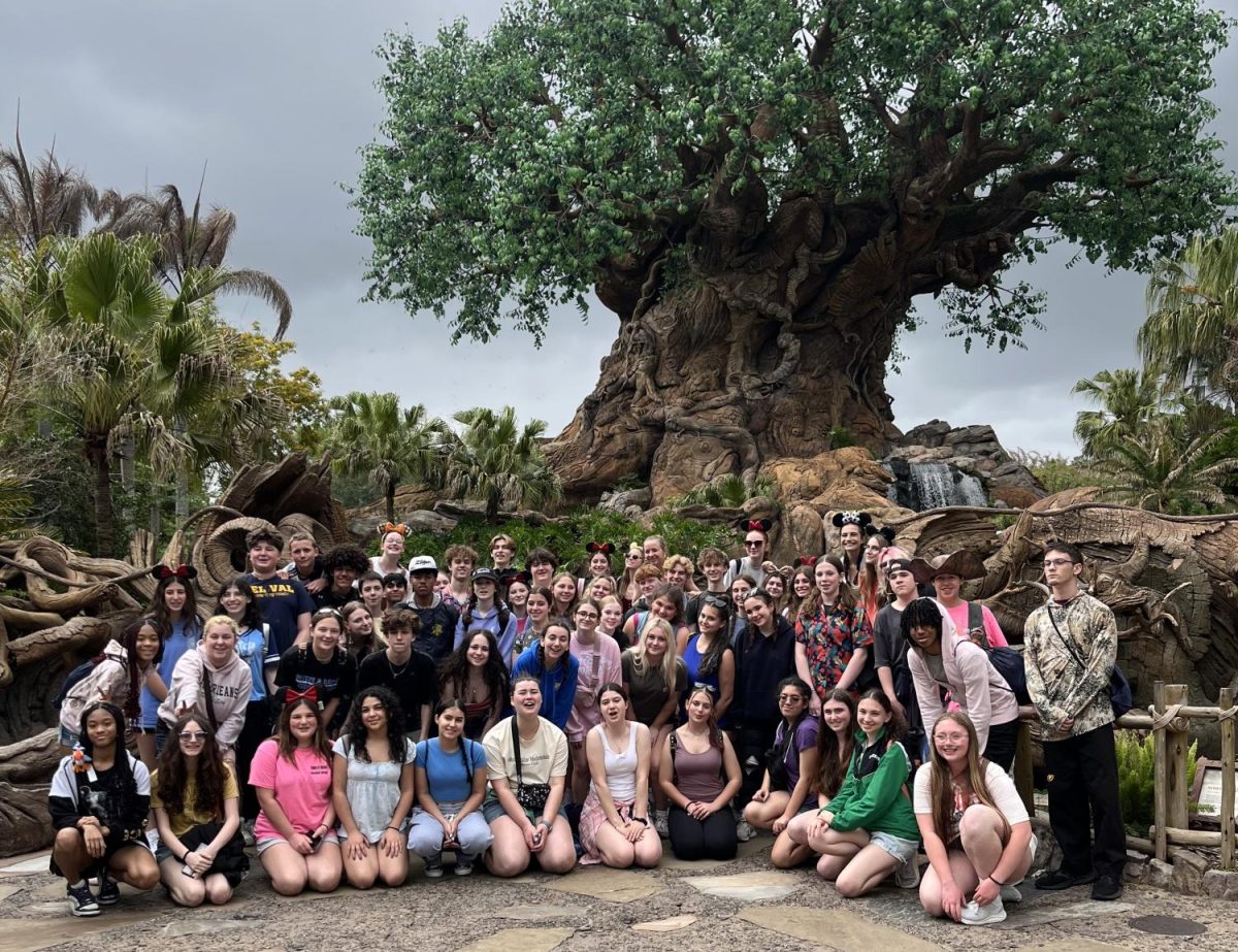 The Del Val Performing Arts Academy takes a group picture in front of the Tree of Life. This magical trip won the hearts of many with activities shared and memories made.  (Photo via Heather Fleischman)