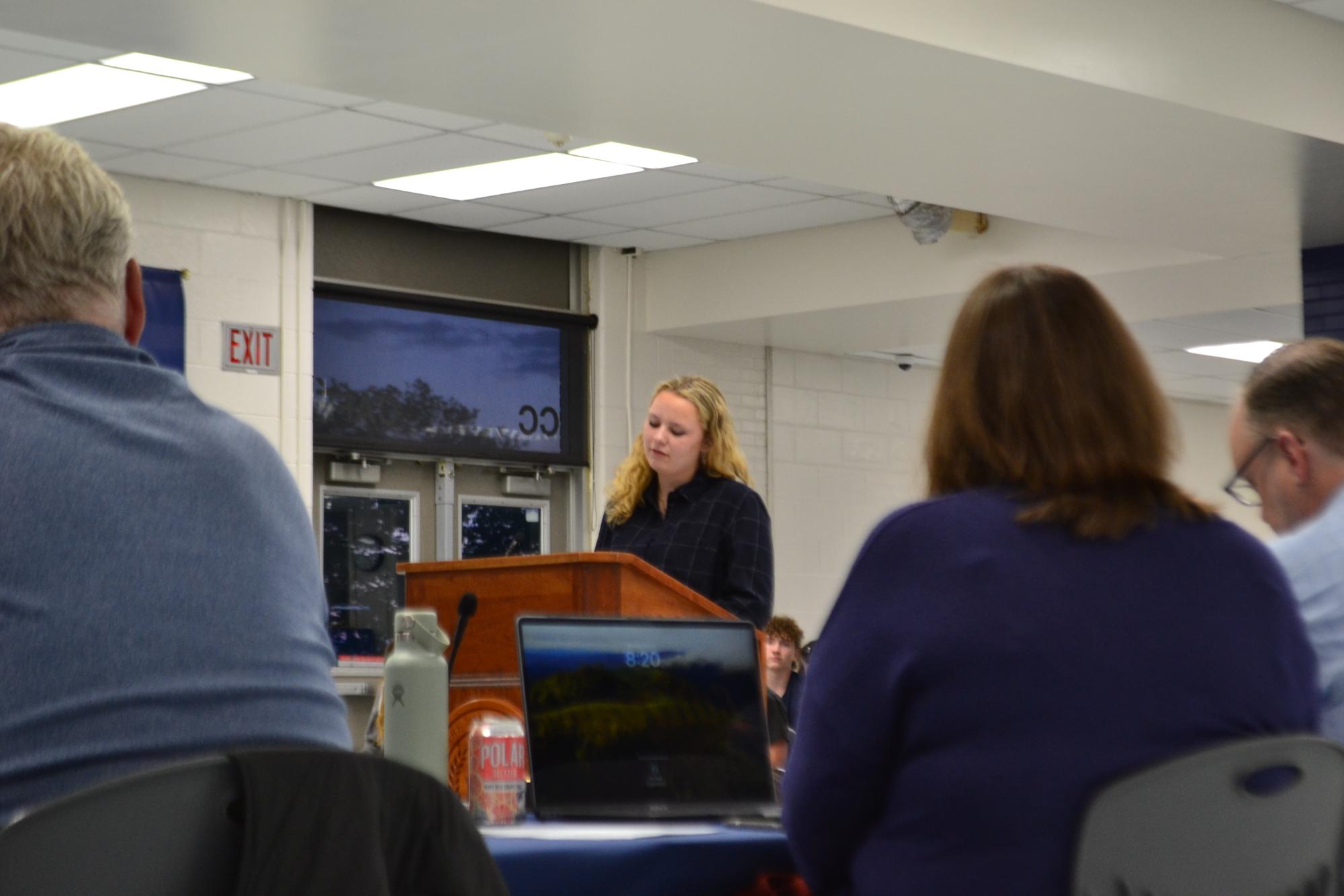 Margaret Prouty gives her speech about how the current schedule benefits students more than the rotating drop schedule.