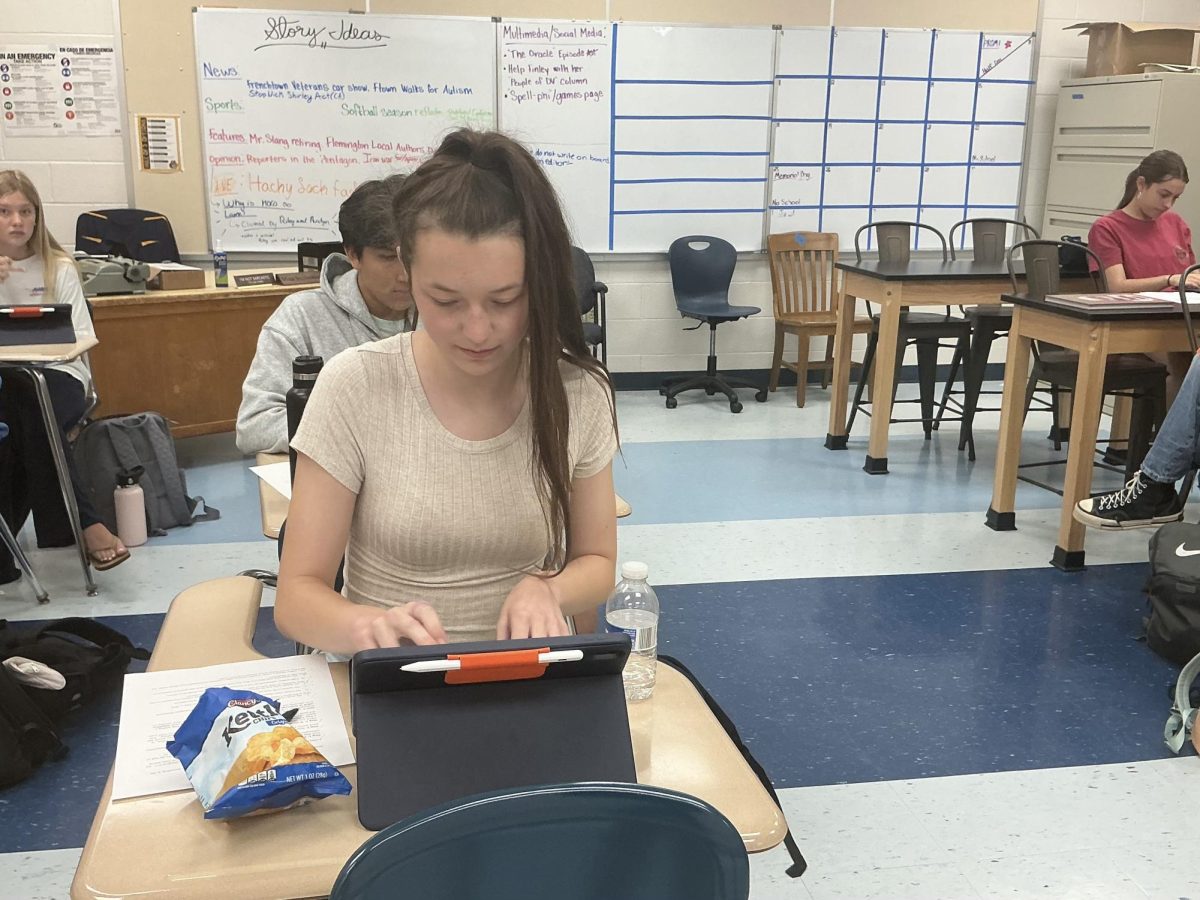 Freshman Kaylee Lubitz works on her Journalism 1 final. Lubitz was writing about a fictional debate team taking first place in a national competition. Kaylee said she will dearly miss this class, but she can’t wait for next year!