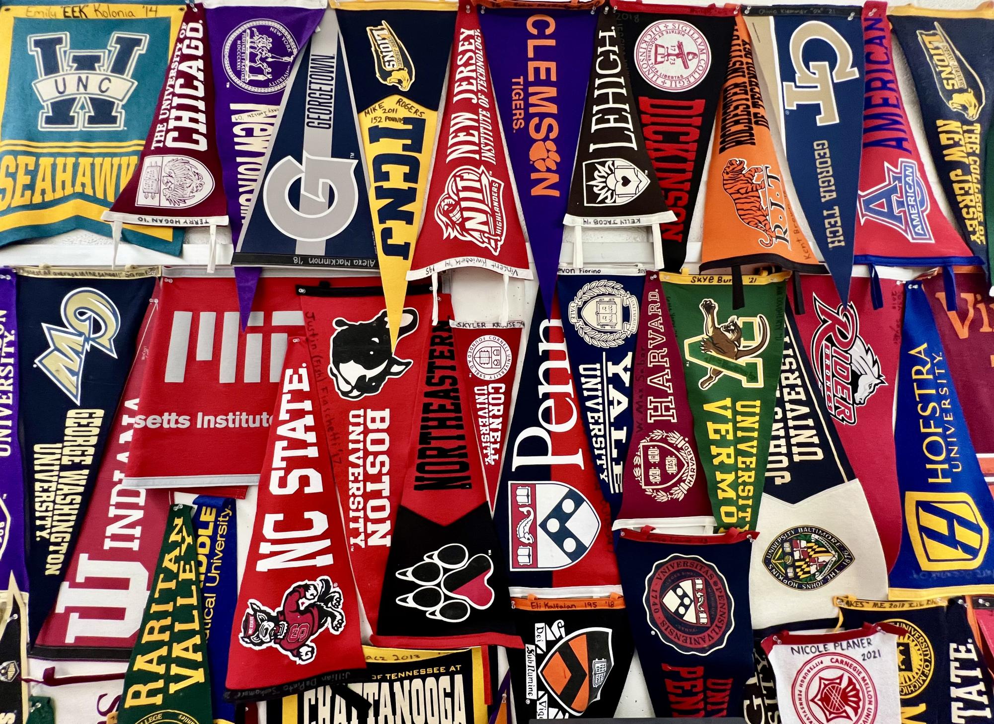 Pennants from former students of math teacher Andy Fitz cover the wall. Fitz began receiving pennants from his students in 2005 and takes pride in the collection. “I always like at Back to School Night, or when anybody new comes in here, that they see all the wonderful schools that some of these kids are going to,” Fitz said. “Yeah, we're little, little Del Val out in the middle of a cornfield, but there are a number of great schools that kids are getting into — a lot of that stuff is happening right in this room.”