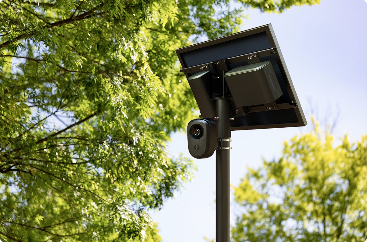 A Flock LPR camera with a solar panel. An LPR, or License Plate Reader, is a high-speed camera which captures license plates and puts them into a database analyzed by AI to find certain plates. (Photo via Flock website)