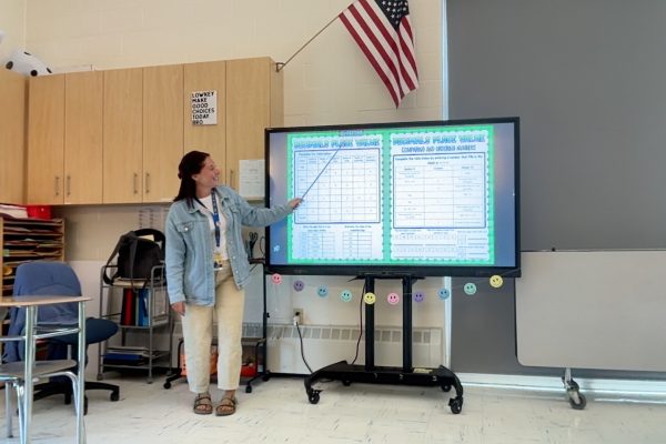 Eliza Filus teaching a lesson in her E101 classroom. Filus spent the first few weeks of school getting to know her students and staff.
