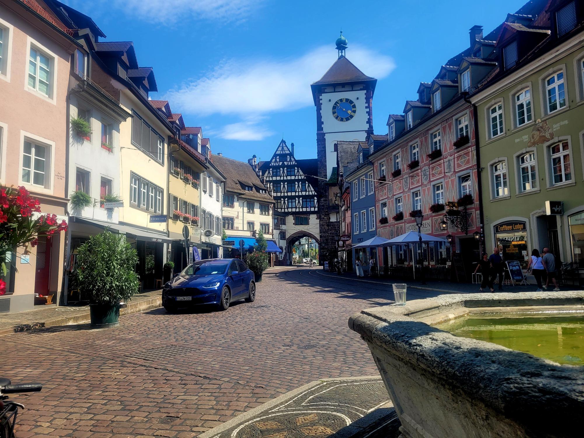 A glance at one of the many cobblestone streets in Freiburg, Germany.