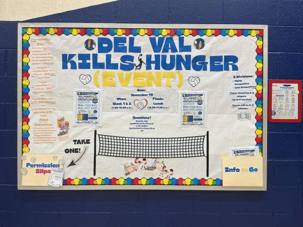 A bulletin board set up in the Hutch Gym details the Kill Hunger event. The bulletin board was put together by a member of Del Val's Adaptive Teaching Methods Class. (photo via Erin Grady)