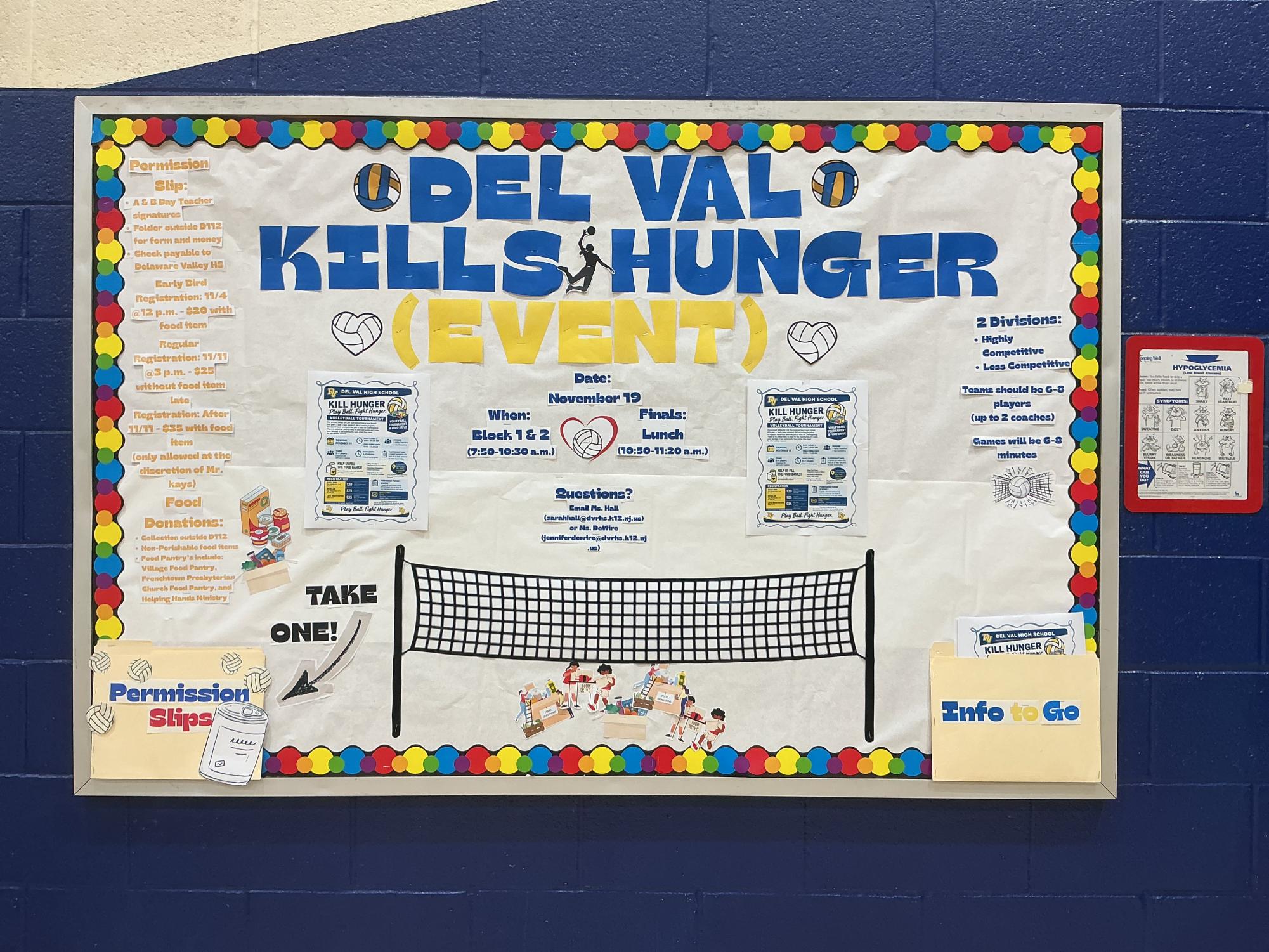 A bulletin board set up in the Hutch Gym details the Kill Hunger event. The bulletin board was put together by a member of Del Val's Adaptive Teaching Methods Class. (photo via Erin Grady)