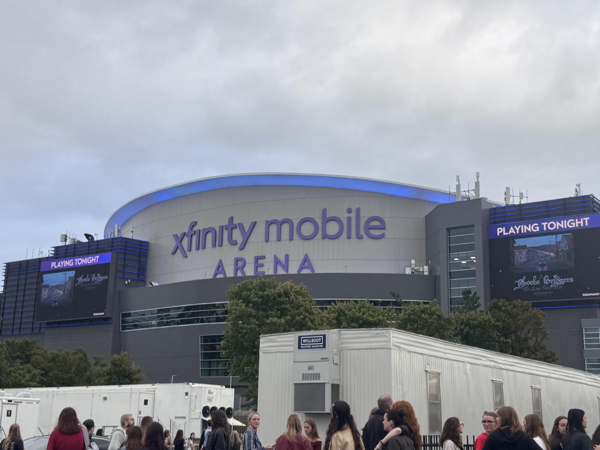Xfinity Mobile Arena projects a photo of Phoebe Bridgers' "The Lost Tour". Fans were lined up outside of the venue for both merch and to enter.